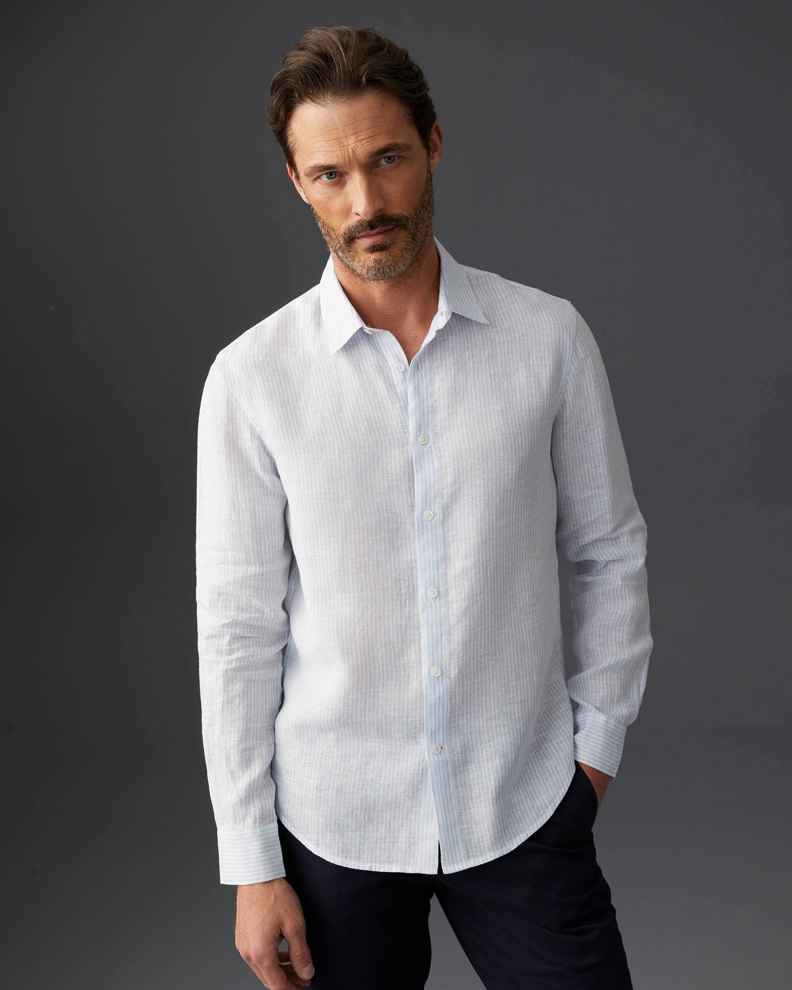 CLUB MONACO - Chemise à rayures lin Carlo Basetti - Rayure Bleue