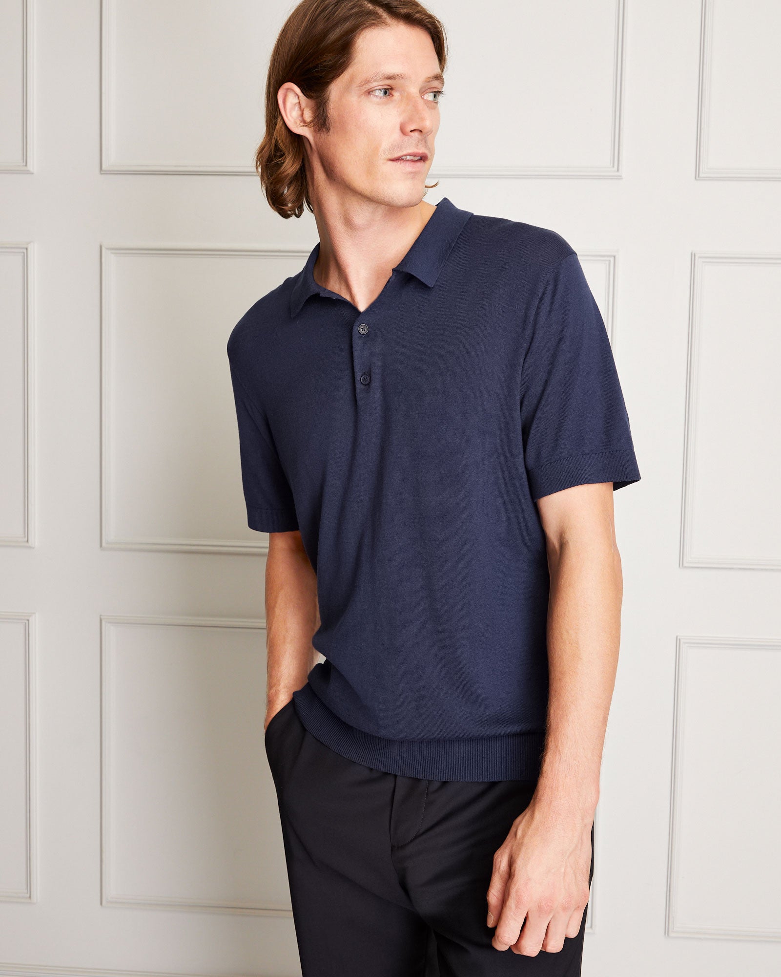 CLUB MONACO - Polo en mélange de soie fine - Marine