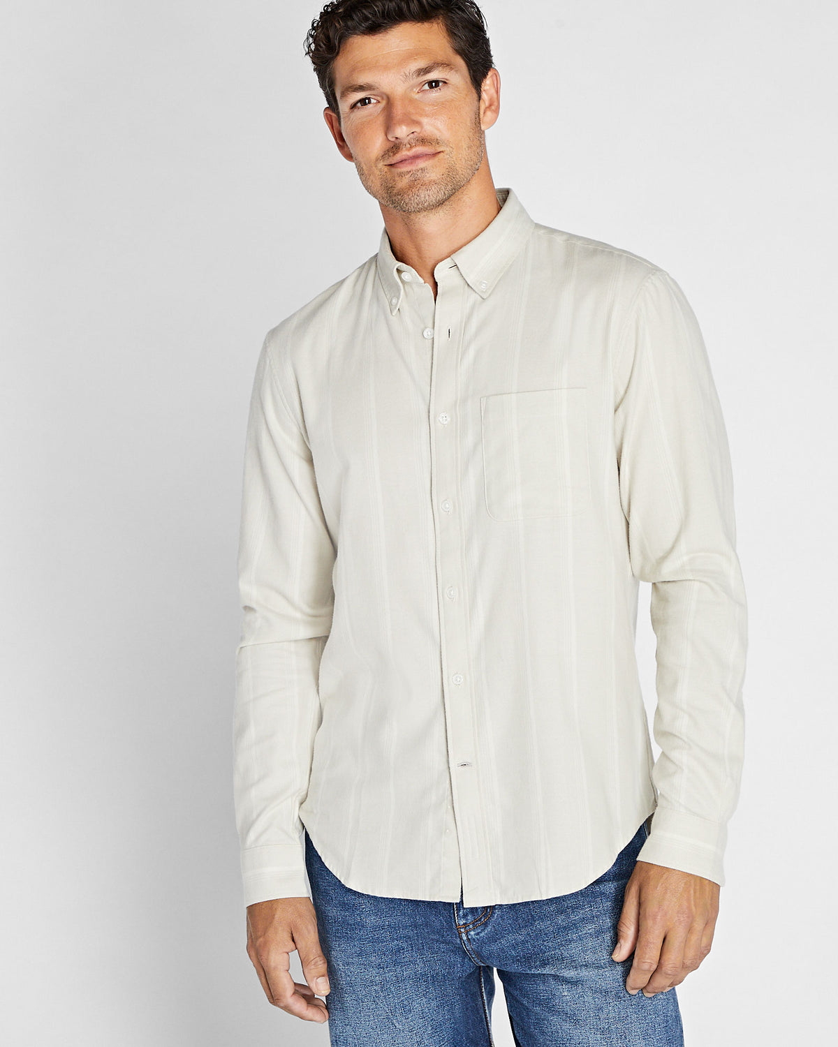 Club Monaco - Long-Sleeve Wide Stripe Flannel Shirt - Grey
