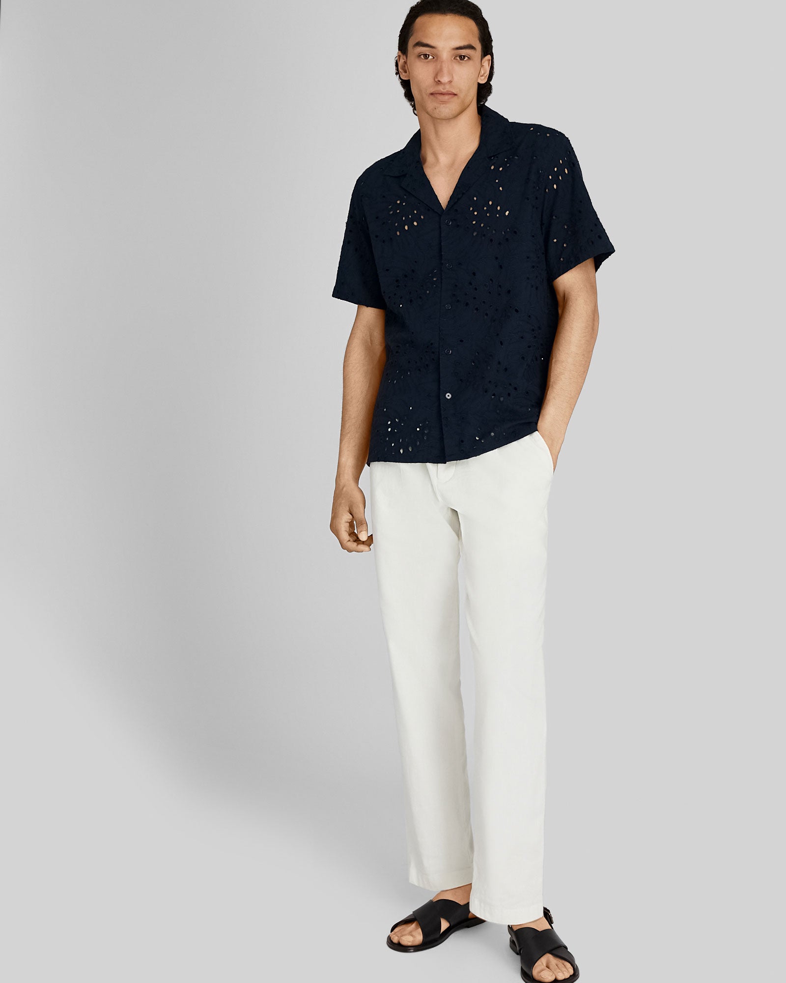 CLUB MONACO - Short Sleeve Camp Collar Eyelet Shirt - Navy