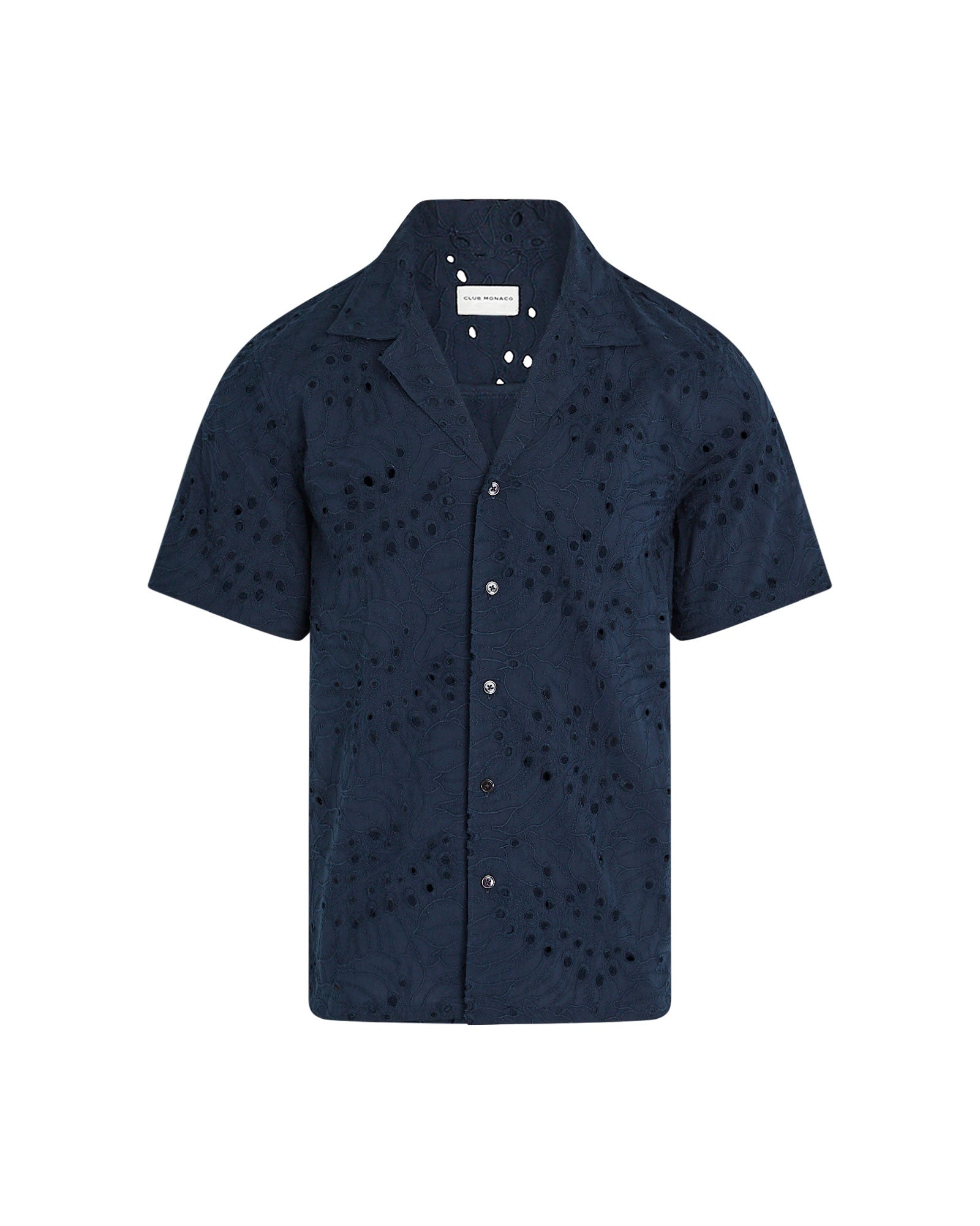 CLUB MONACO - Short Sleeve Camp Collar Eyelet Shirt - Navy