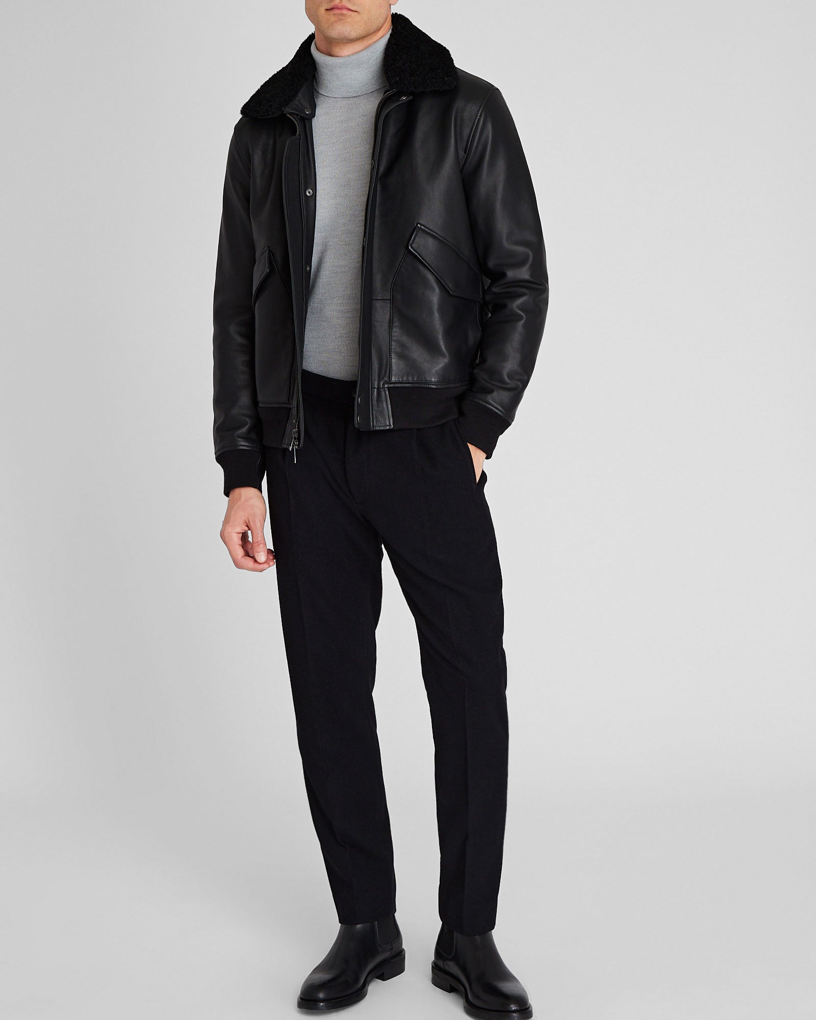 CLUB MONACO - Shearling Padded Leather Bomber Jacket - Black