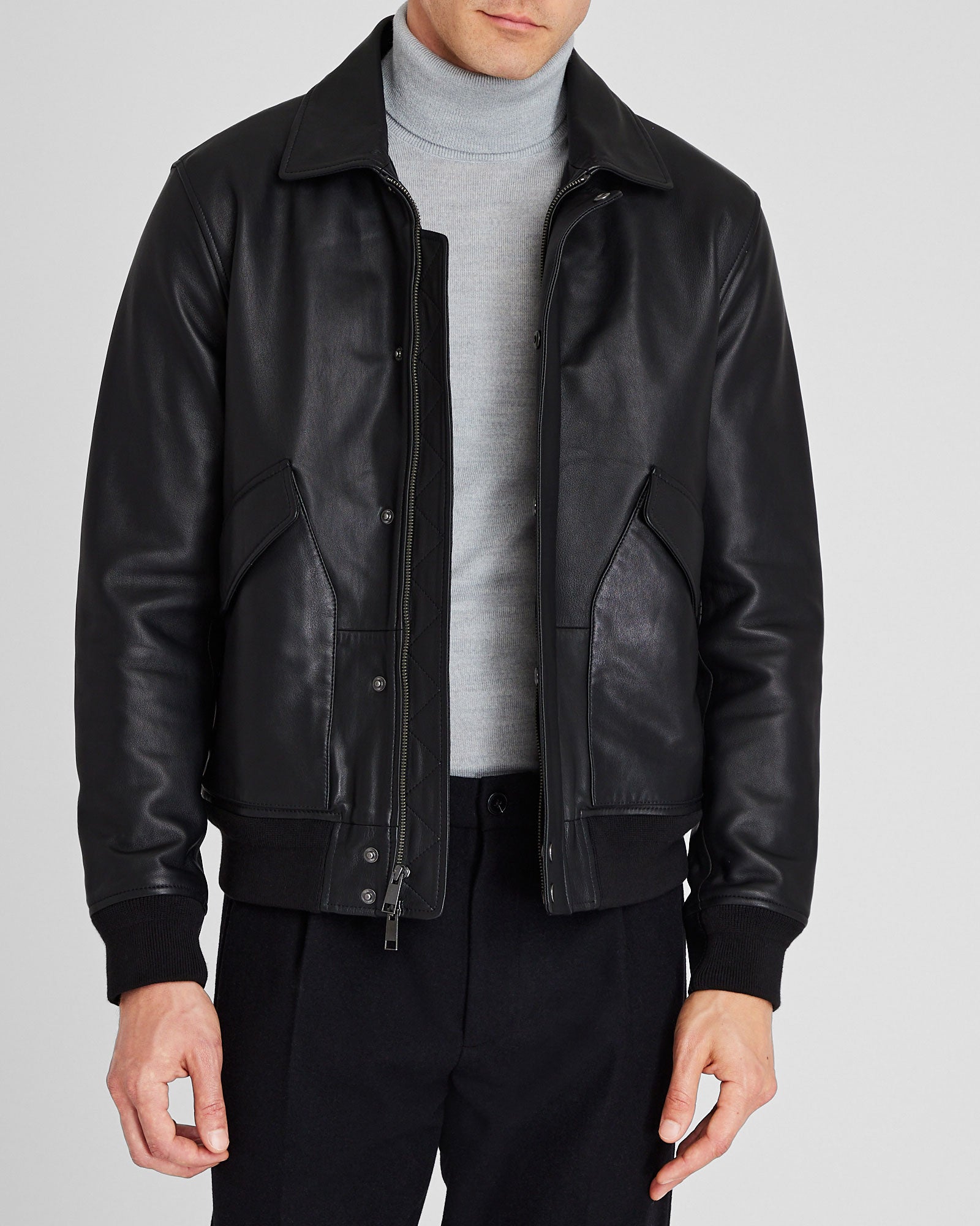 CLUB MONACO - Shearling Padded Leather Bomber Jacket - Black