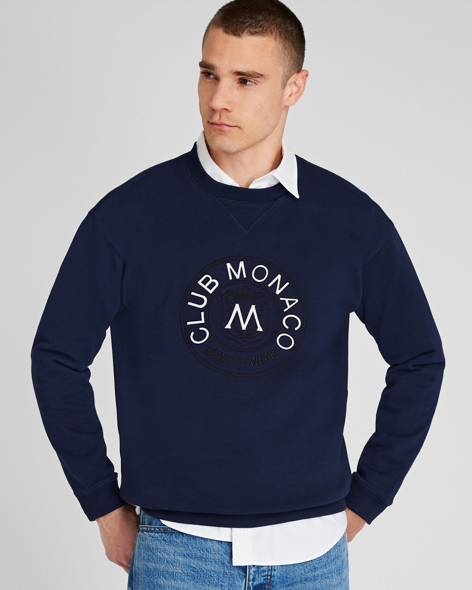 CLUB MONACO - Appliquéd Crest Crewneck - Navy