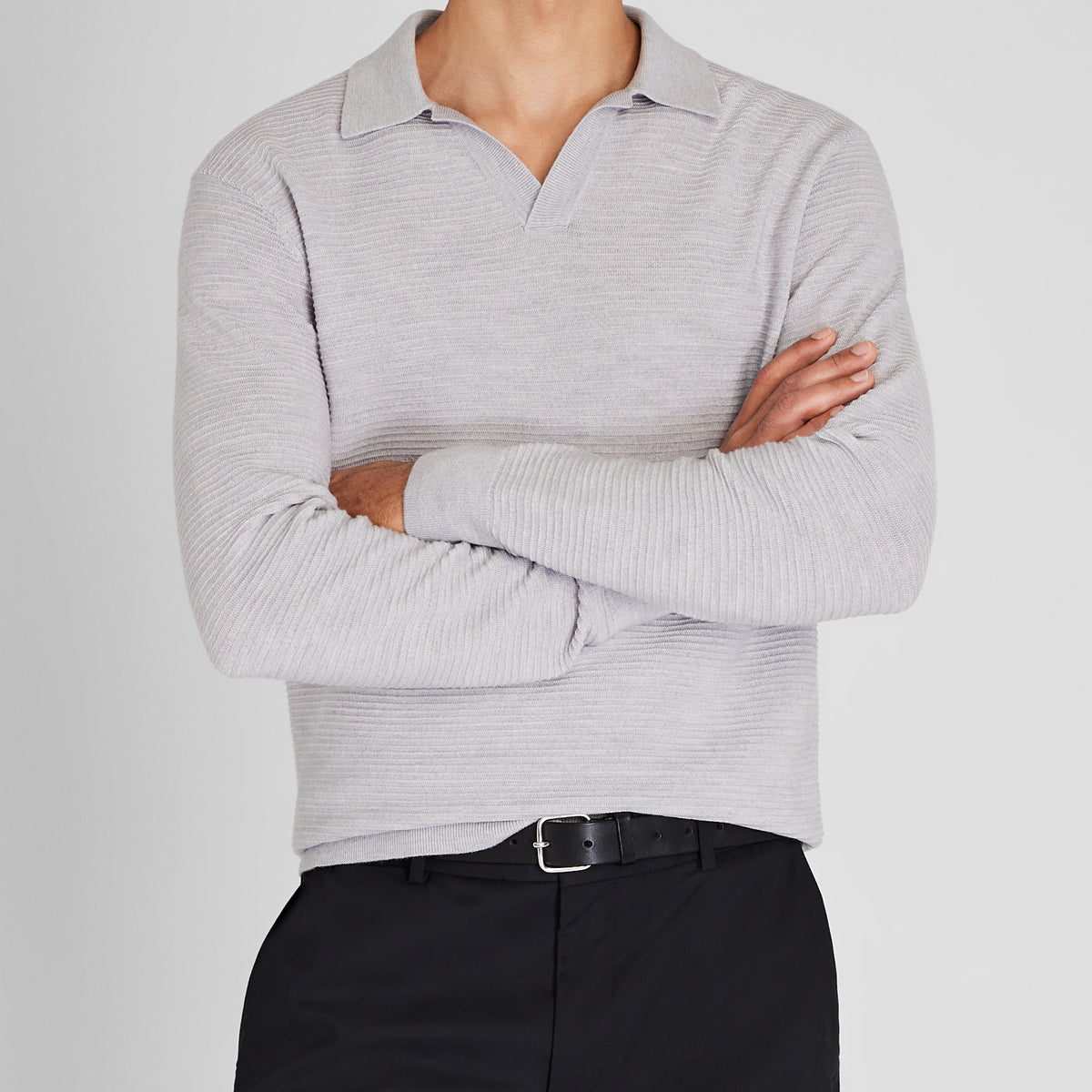 club monaco johnny collar dress Men's Light Grey Mix Long-Sleeve Textured Knit Polo VisualMints | ✨ The black formal dress The Edni dress harnesses Style:EE01489BK poplin shirt dress