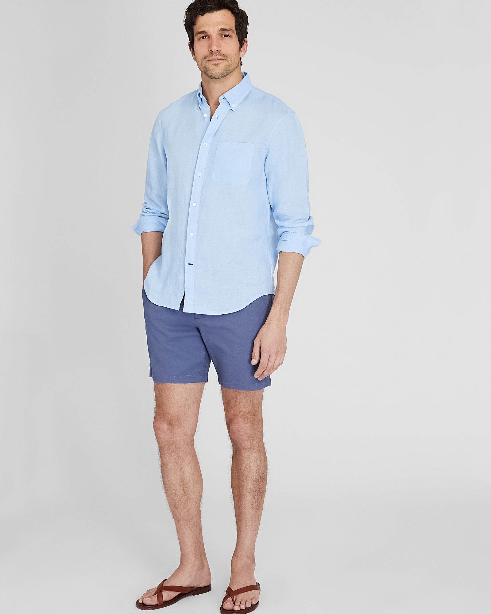 CLUB MONACO - Chemise manches longues en lin unie - Base bleu clair