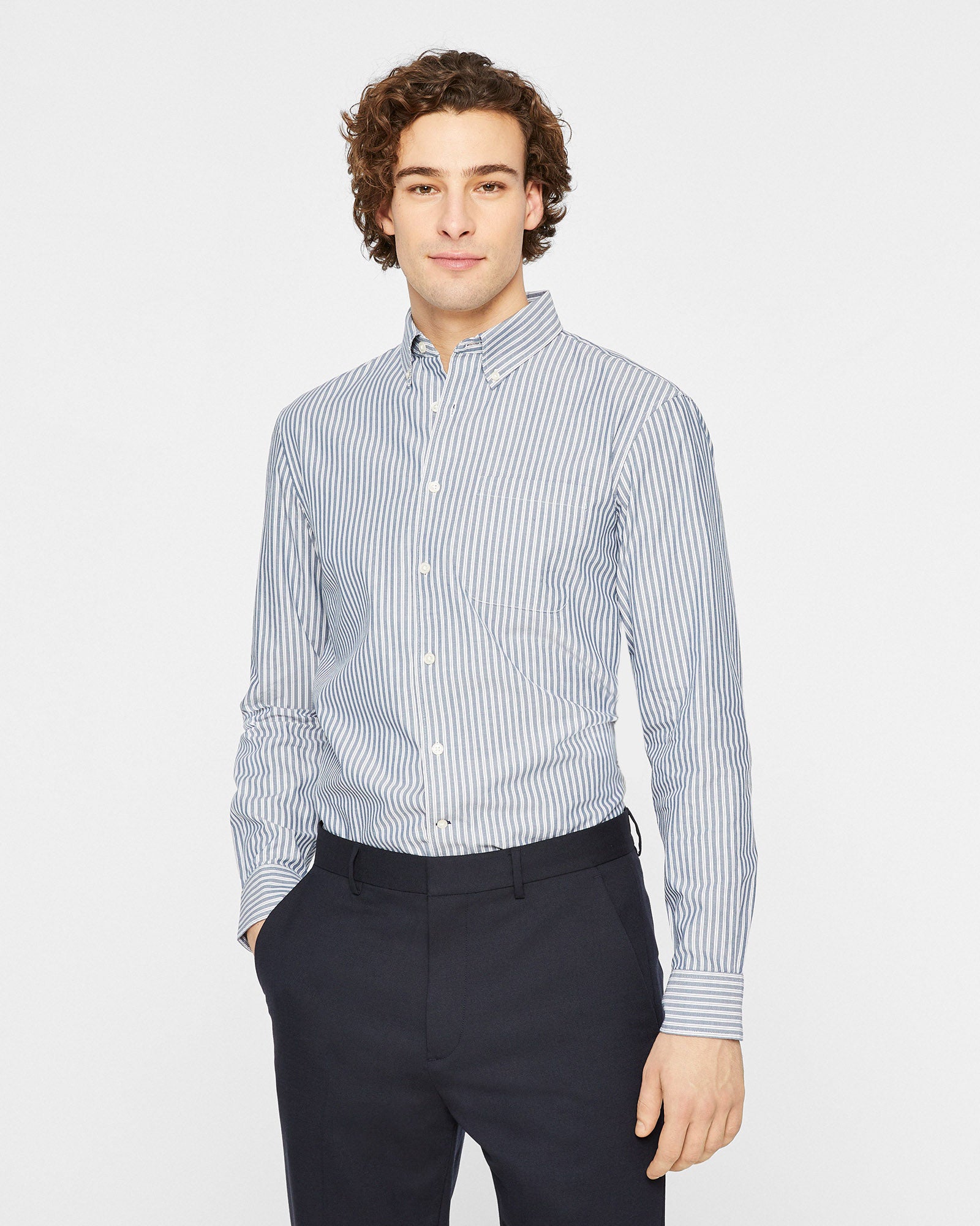 Sky Blue and White Wide Bankers Stripe Classic Custom Shirt 100c 140/2*70 Sap018a