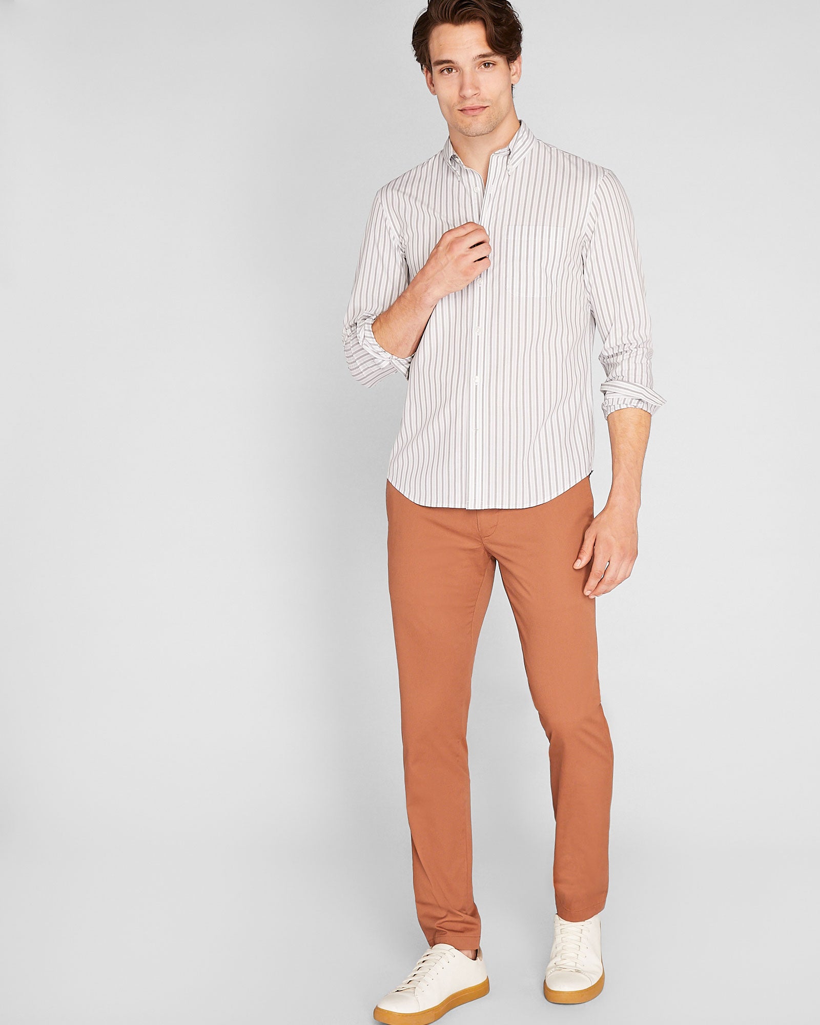 CLUB MONACO - Long Sleeve Multi Stripe Poplin Shirt - Grey Mix